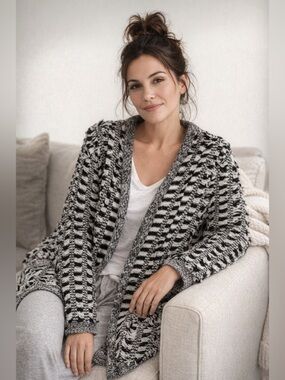 NWOT Anthropologie Endless Rose Black White Fringe Cardigan Medium Large